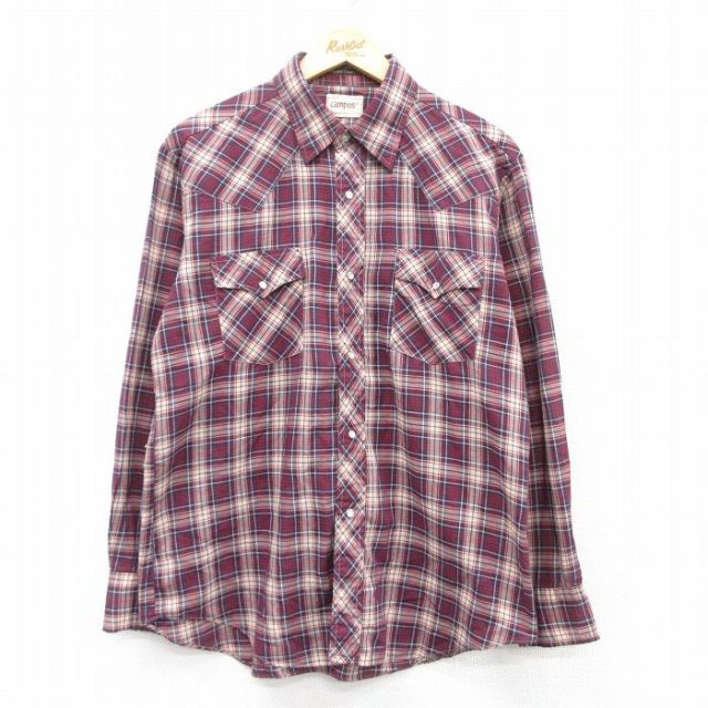 【20%OFF】L★古着 キャンパス 長袖 ウエスタン シャツ メンズ 80年代 80s エンジ系他 チェック 25mar19 中古 トップス