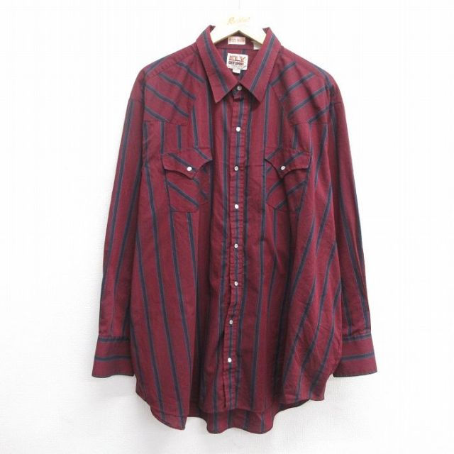 【20%OFF】XL★古着 ELY 長袖 ウエスタン シャツ メンズ 90年代 90s 大きいサイズ ロング丈 エンジ他 ストライプ 25mar24 中古 トップス