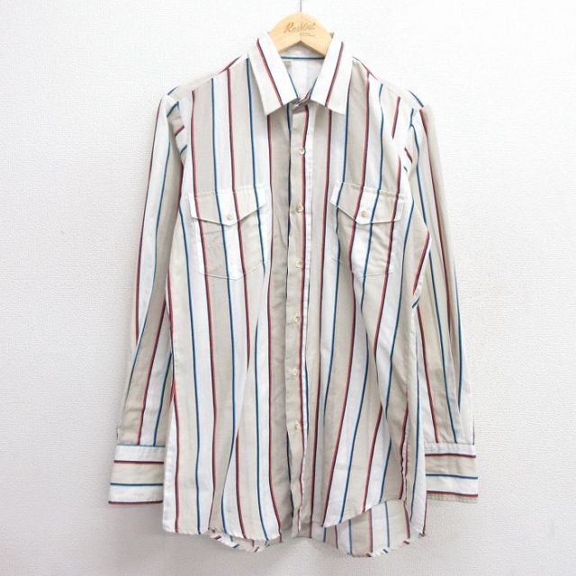 90s 長袖ウエスタンシャツ ベージュストライプ M | 古着