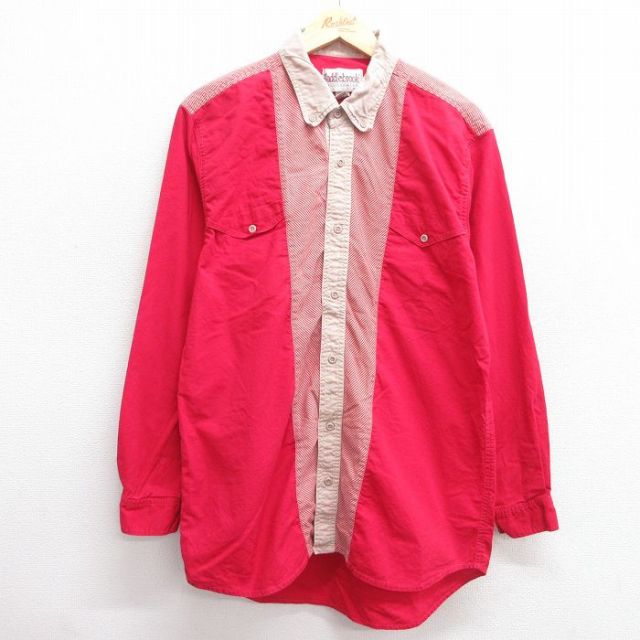 【20%OFF】L★古着 長袖 ウエスタン シャツ メンズ 90年代 90s コットン ボタンダウン 赤他 レッド 25mar24 中古 トップス