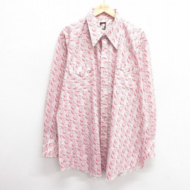 XL★古着 KARMAN 長袖 ウエスタン シャツ メンズ ペイズリー柄 大きいサイズ ロング丈 白他 ホワイト 25mar24 中古 トップス
