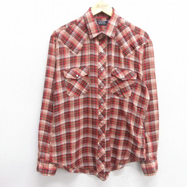 L★古着 長袖 ウエスタン シャツ メンズ 90年代 90s 赤他 レッド チェック 25mar25 中古 トップス