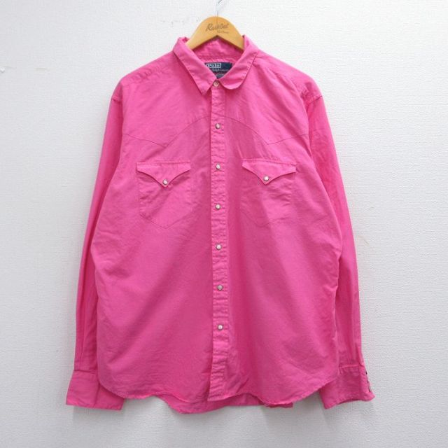 XL★古着 ラルフローレン Ralph Lauren 長袖 ブランド ウエスタン シャツ メンズ 90年代 90s 大きいサイズ コットン ピンク 25mar27 中古 トップス