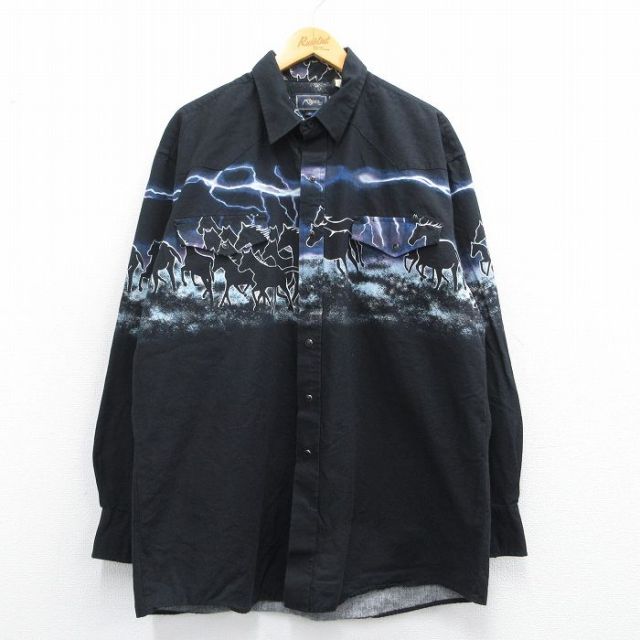 【50%OFF】XL★古着 長袖 ウエスタン シャツ メンズ 馬 サンダー ロング丈 コットン 黒他 ブラック 25mar27 中古 トップス