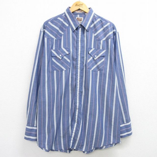 【50%OFF】XL★古着 ELY 長袖 ウエスタン シャツ メンズ 90年代 90s 大きいサイズ ロング丈 紺他 ネイビー ストライプ 25apr02 中古 トップス