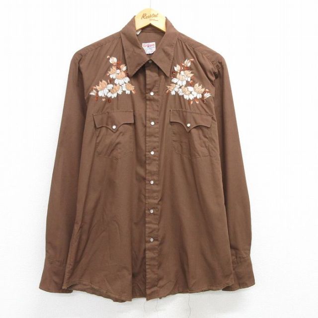 L★古着 長袖 ウエスタン シャツ メンズ 70年代 70s 花 茶 ブラウン 【spe】 25apr02 中古 トップス