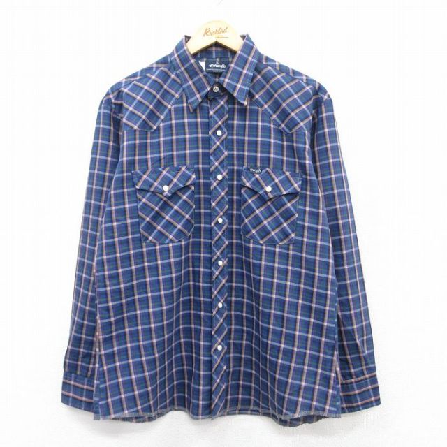 L★古着 ラングラー Wrangler 長袖 ウエスタン シャツ メンズ 80年代 80s USA製 紺他 ネイビー チェック 25apr24 中古 トップス