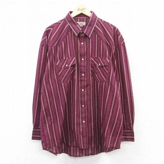 XL★古着 長袖 ウエスタン シャツ メンズ 大きいサイズ エンジ他 ストライプ 25apr24 中古 トップス