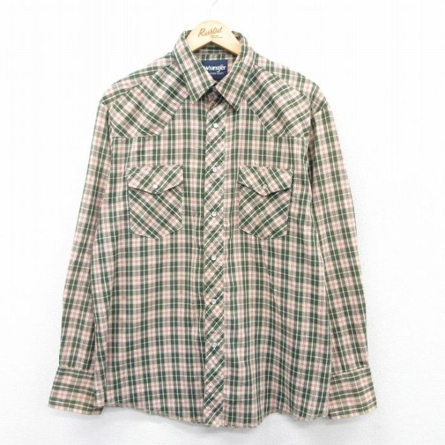 XL★古着 ラングラー Wrangler 長袖 ウエスタン シャツ メンズ 緑他 グリーン チェック 25may08 中古 トップス