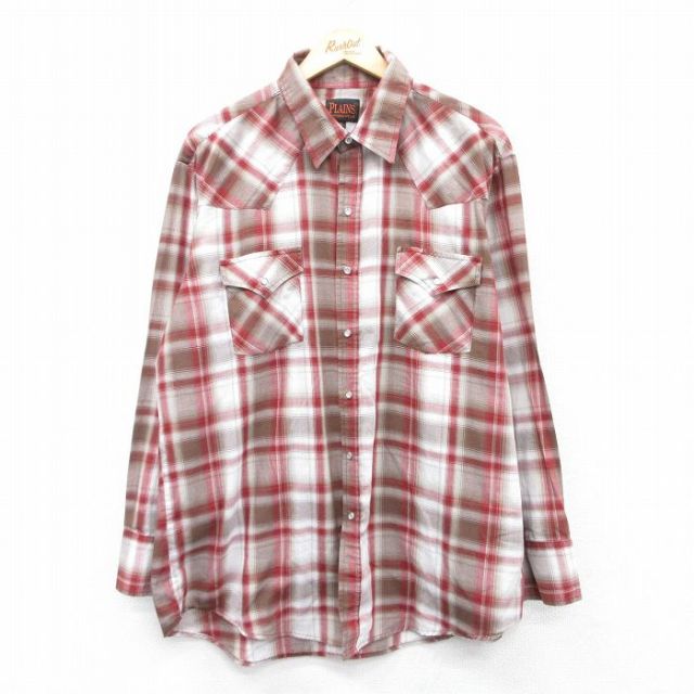XL★古着 長袖 ウエスタン シャツ メンズ 90年代 90s 大きいサイズ エンジ他 チェック 25may08 中古 トップス