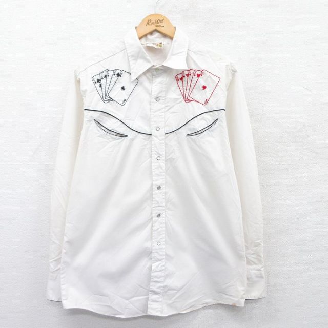 L★古着 ケニントン 長袖 ウエスタン シャツ メンズ 80年代 80s トランプ 刺繍 白 ホワイト 【spe】 25may08 中古 トップス