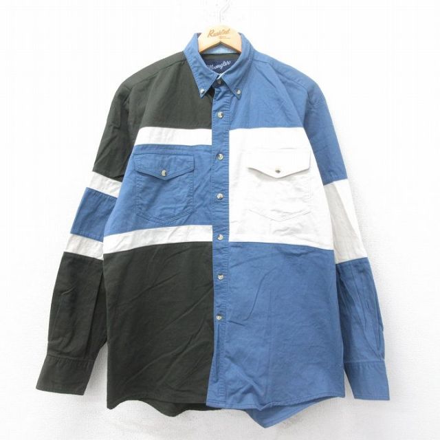 【50%OFF】L★古着 ラングラー Wrangler 長袖 ウエスタン シャツ メンズ 00年代 00s マルチカラー コットン ボタンダウン 薄紺他 ネイビー 25jun11 中古 トップス