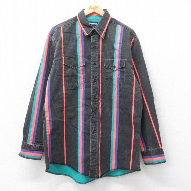 XL★古着 ラングラー Wrangler 長袖 ウエスタン シャツ メンズ 00年代 00s コットン 黒他 ブラック ストライプ 25jun11 中古 トップス
