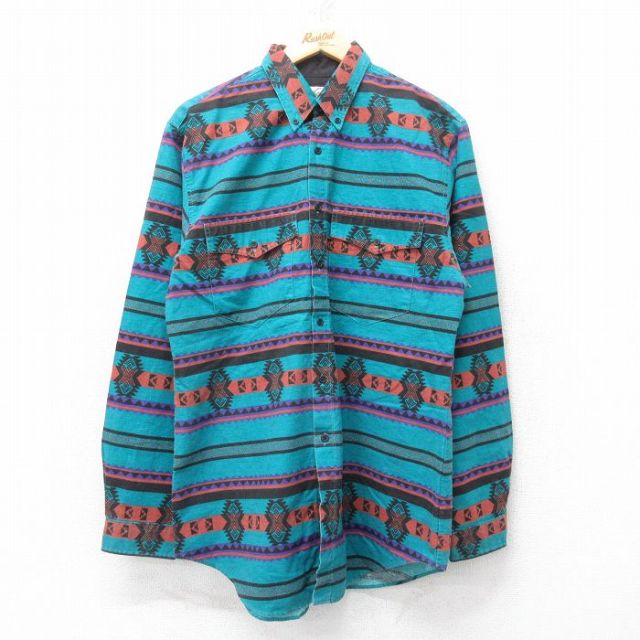 【50%OFF】M★古着 ロッキーマウンテン 長袖 ウエスタン シャツ メンズ 90年代 90s ネイティブ柄 ラグ柄 ロング丈 コットン ボタンダウン USA製 青緑他 25jun11 中古 トップス