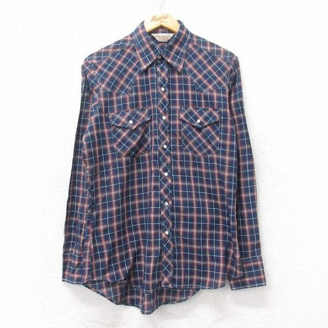 【50%OFF】M★古着 シアーズ 長袖 ウエスタン シャツ メンズ 80年代 80s 紺他 ネイビー チェック 25jun11 中古 トップス