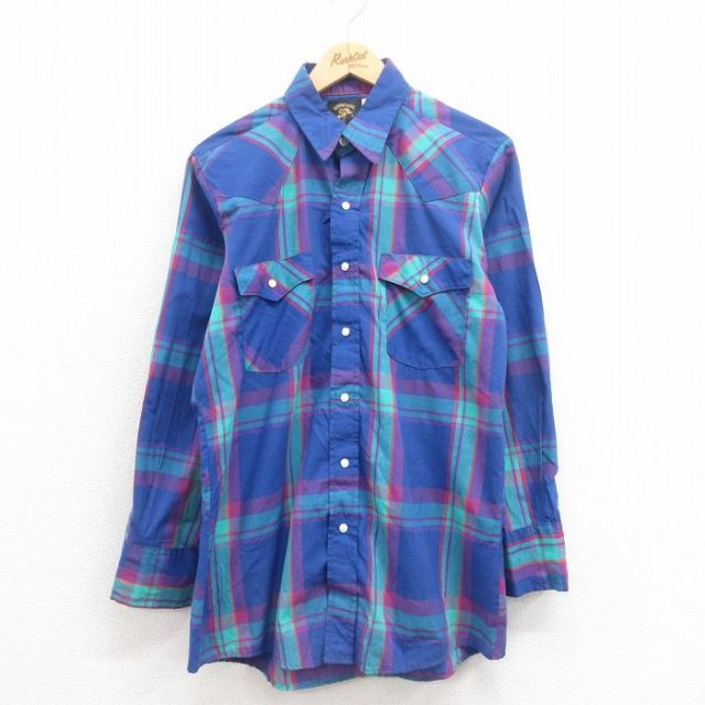 【50%OFF】L★古着 長袖 ウエスタン シャツ メンズ 00年代 00s 青他 ブルー チェック 25aug19 中古 トップス