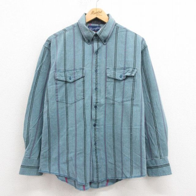 L★古着 ラングラー Wrangler 長袖 ウエスタン シャツ メンズ 90年代 90s コットン ボタンダウン 薄青緑 ストライプ 25aug19 中古 トップス