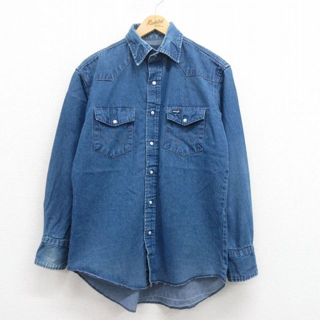 M★古着 ラングラー Wrangler 長袖 ウエスタン シャツ メンズ 紺 ネイビー デニム 25aug30 中古 トップス