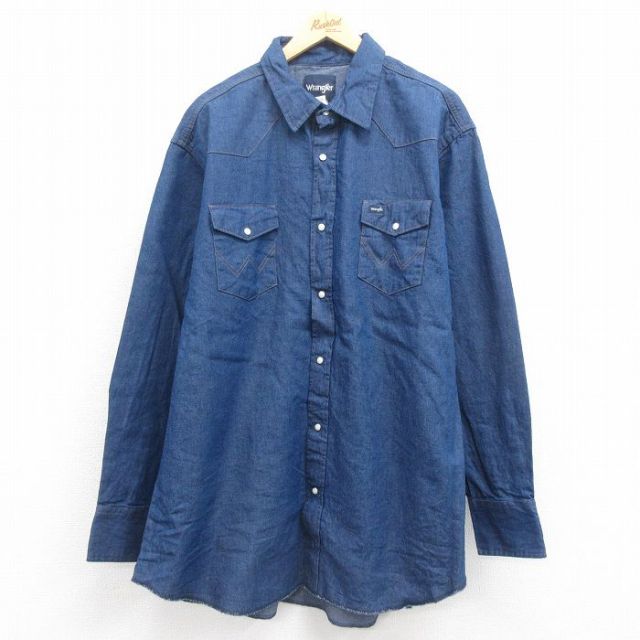 XL★古着 ラングラー Wrangler 長袖 ウエスタン シャツ メンズ 大きいサイズ ロング丈 コットン 紺 ネイビー デニム 25aug30 中古 トップス