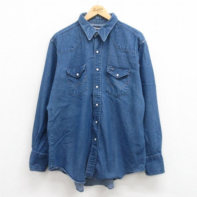 XL★古着 ラングラー Wrangler 長袖 ウエスタン シャツ メンズ 90年代 90s 紺 ネイビー デニム 25aug30 中古 トップス
