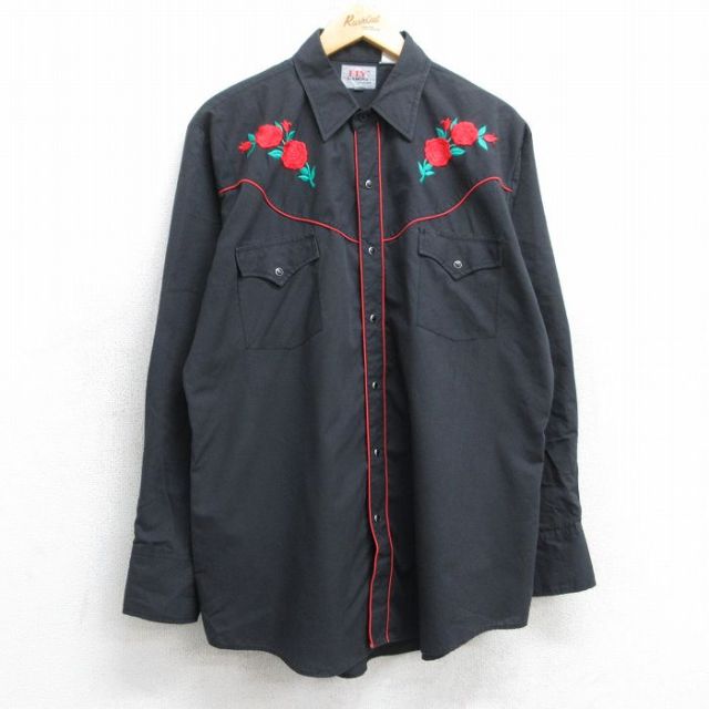 XL★古着 ELY 長袖 ウエスタン シャツ メンズ 00年代 00s バラ フランケンシュタイン 黒 ブラック 25aug30 中古 トップス