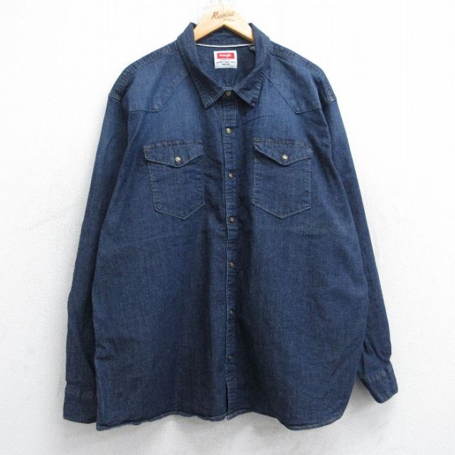 XL★古着 ラングラー Wrangler 長袖 ウエスタン シャツ メンズ 大きいサイズ 濃紺 ネイビー デニム 25aug30 中古 トップス