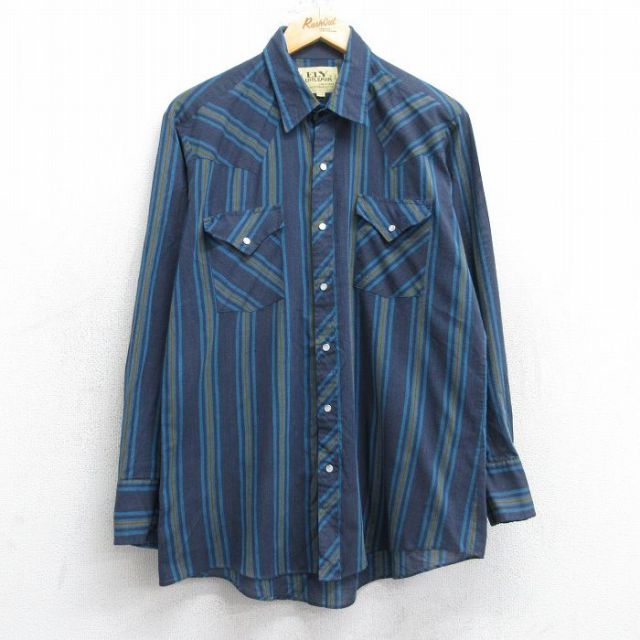 L★古着 ELY 長袖 ウエスタン シャツ メンズ 80年代 80s 紺他 ネイビー ストライプ 25aug30 中古 トップス