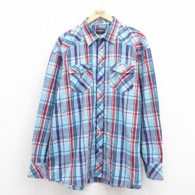 XL★古着 長袖 ウエスタン シャツ メンズ 大きいサイズ ロング丈 水色他 チェック 25sep17 中古 トップス