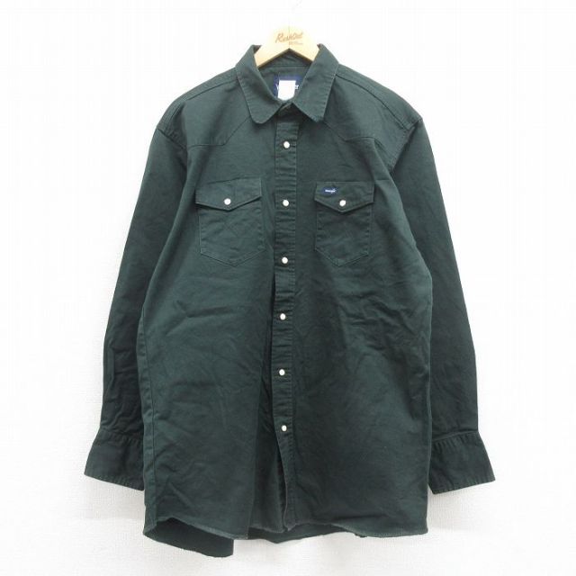 XL★古着 ラングラー Wrangler 長袖 ウエスタン シャツ メンズ 大きいサイズ ロング丈 コットン 緑 グリーン 【spe】 25sep17 中古 トップス