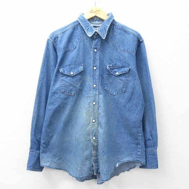 XL★古着 ラングラー Wrangler 長袖 ウエスタン シャツ メンズ 90年代 90s コットン USA製 紺 ネイビー デニム 【spe】 25sep18 中古 トップス