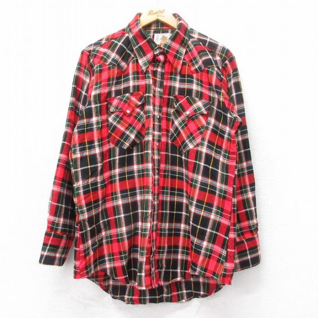 【20%OFF】L★古着 ロックマウント ROCK MOUNT 長袖 ウエスタン シャツ メンズ 80年代 80s ロング丈 USA製 赤他 レッド チェック 【spe】 25oct14 中古 トップス