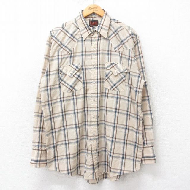 XL★古着 長袖 ウエスタン シャツ メンズ ロング丈 ベージュ他 カーキ チェック 25oct14 中古 トップス