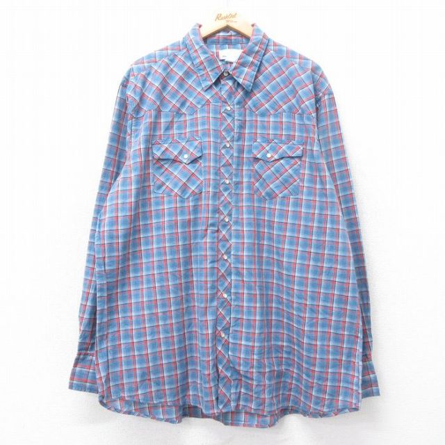 XL★古着 ラングラー Wrangler 長袖 ウエスタン シャツ メンズ 大きいサイズ ロング丈 薄紺他 ネイビー チェック 25oct14 中古 トップス
