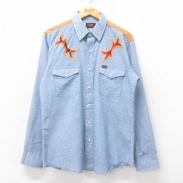 L★古着 ラングラー Wrangler 長袖 シャンブレー ウエスタン シャツ メンズ 80年代 80s USA製 薄紺他 ネイビー 25oct14 中古 トップス