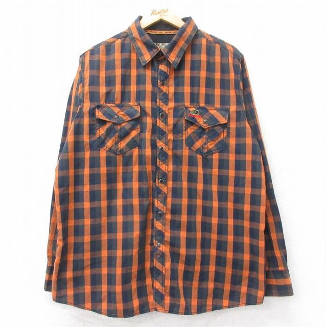 XL★古着 長袖 ウエスタン シャツ メンズ モッシーオーク 大きいサイズ オレンジ他 チェック 25oct14 中古 トップス
