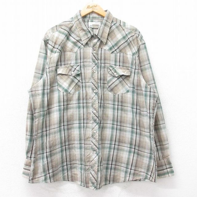 XL★古着 ラングラー Wrangler 長袖 ウエスタン シャツ メンズ 大きいサイズ ロング丈 緑他 グリーン チェック 25oct14 中古 トップス