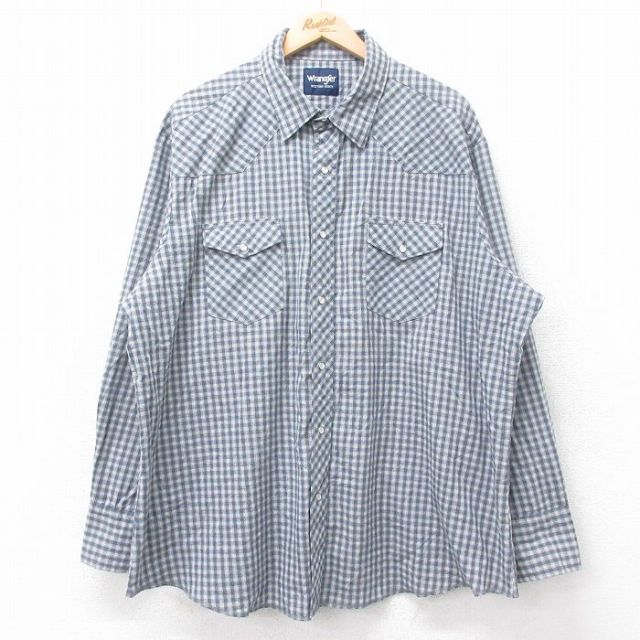 XL★古着 ラングラー Wrangler 長袖 ウエスタン シャツ メンズ 大きいサイズ ロング丈 薄紺他 ネイビー チェック 25oct14 中古 トップス