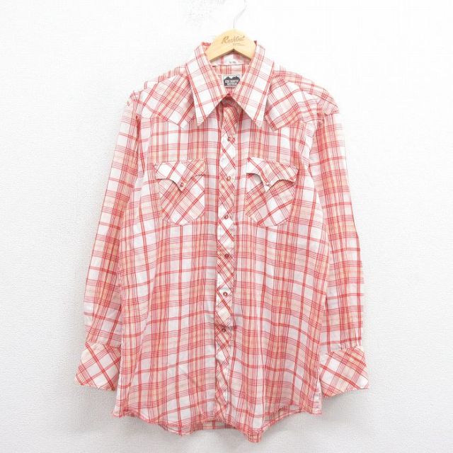 XL★古着 長袖 ウエスタン シャツ メンズ 70年代 70s 赤 レッド チェック 25oct29 中古 トップス
