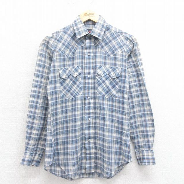 S★古着 リーバイス Levis 長袖 ウエスタン シャツ メンズ 80年代 80s ビッグE 薄紺 ネイビー チェック 【spe】 25oct29 中古 トップス
