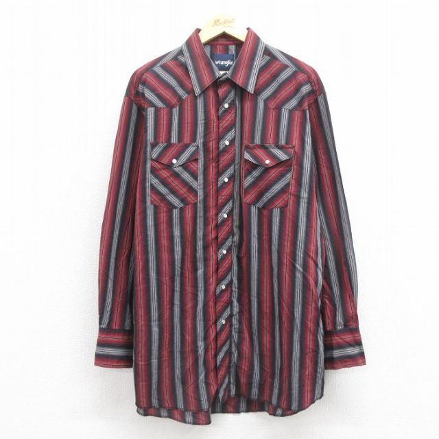 XL★古着 ラングラー Wrangler 長袖 ウエスタン シャツ メンズ 大きいサイズ ロング丈 エンジ ストライプ 25oct29 中古 トップス
