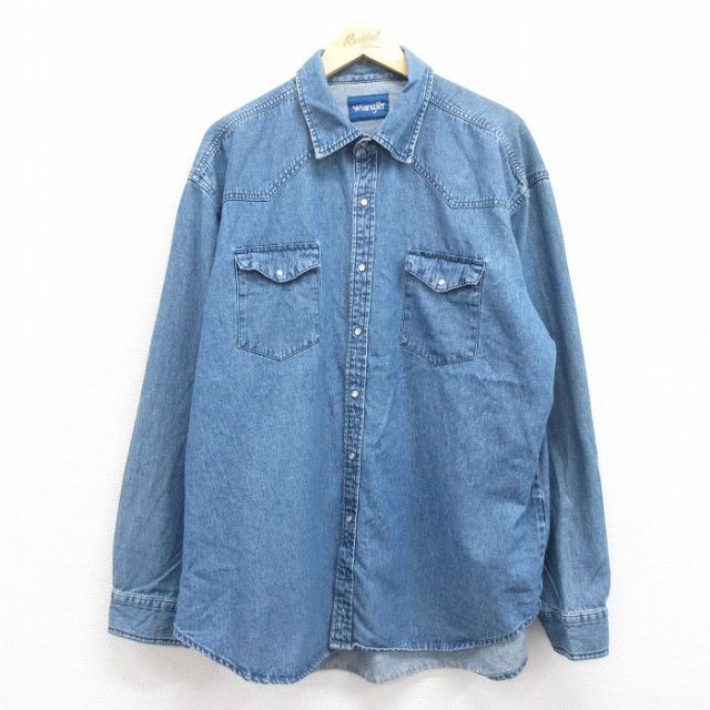 XL★古着 ラングラー Wrangler 長袖 ウエスタン シャツ メンズ 大きいサイズ コットン 紺 ネイビー デニム 25oct29 中古 トップス