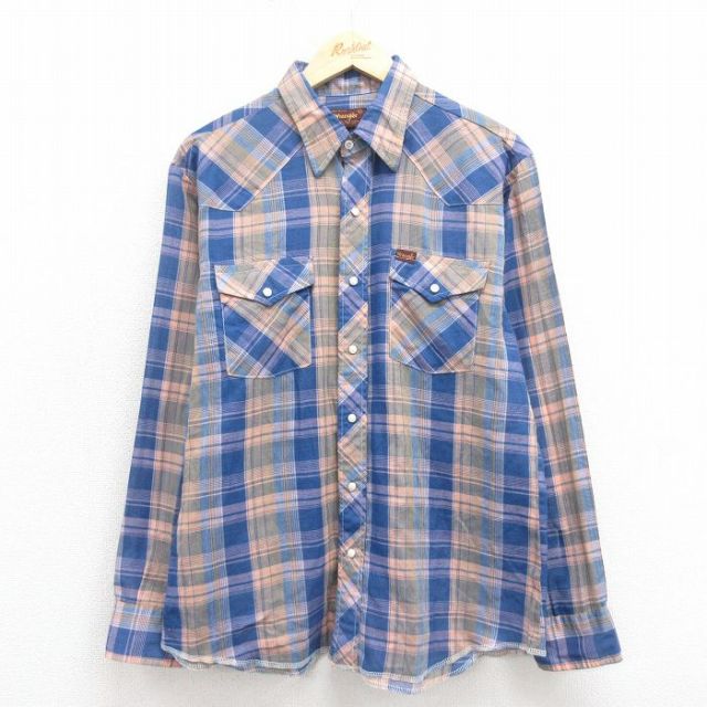 L★古着 ラングラー Wrangler 長袖 ウエスタン シャツ メンズ 80年代 80s USA製 薄紺 ネイビー チェック 25oct30 中古 トップス