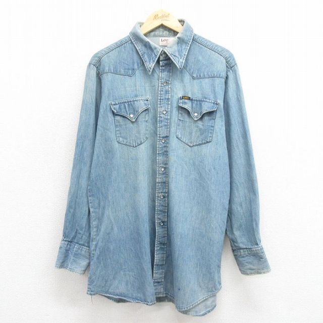 XL★古着 リー Lee 長袖 ウエスタン シャツ メンズ 80年代 80s ロング丈 USA製 紺 ネイビー デニム 25oct30 中古 トップス