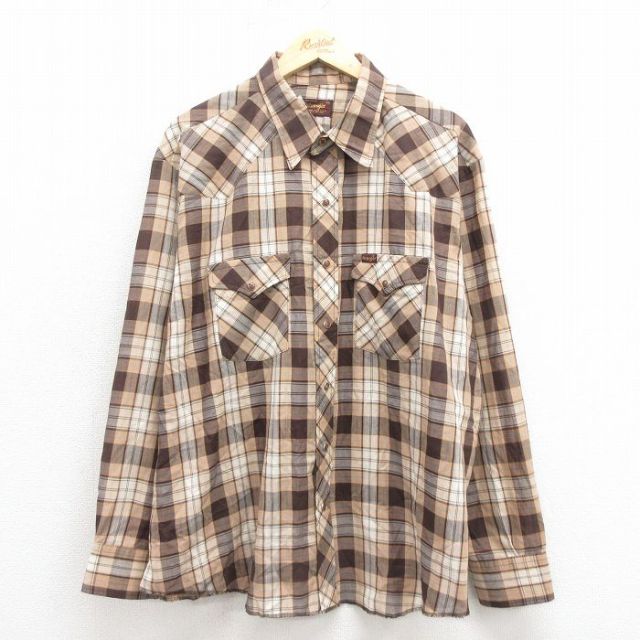 XL★古着 ラングラー Wrangler 長袖 ウエスタン シャツ メンズ 80年代 80s 大きいサイズ USA製 こげ茶 ブラウン チェック 25oct30 中古 トップス