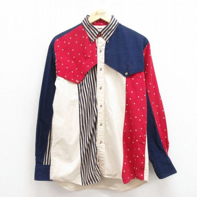 M★古着 長袖 ウエスタン シャツ メンズ 90年代 90s マルチカラー コットン ボタンダウン USA製 紺他 ネイビー 25oct30 中古 トップス