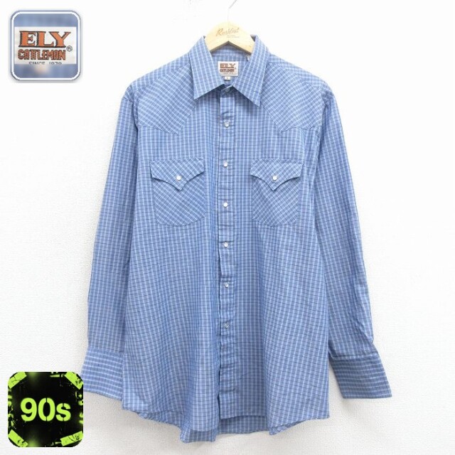 【50%OFF】ELY 90s 長袖ウエスタンシャツ チェック ライトブルー XL | 古着