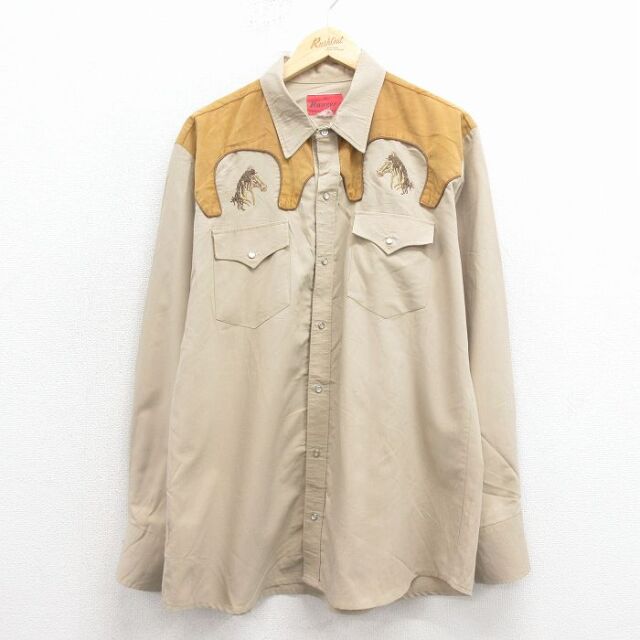 XL★古着 長袖 ウエスタン シャツ メンズ 90年代 90s 馬 刺繍 ベージュ 26jan23