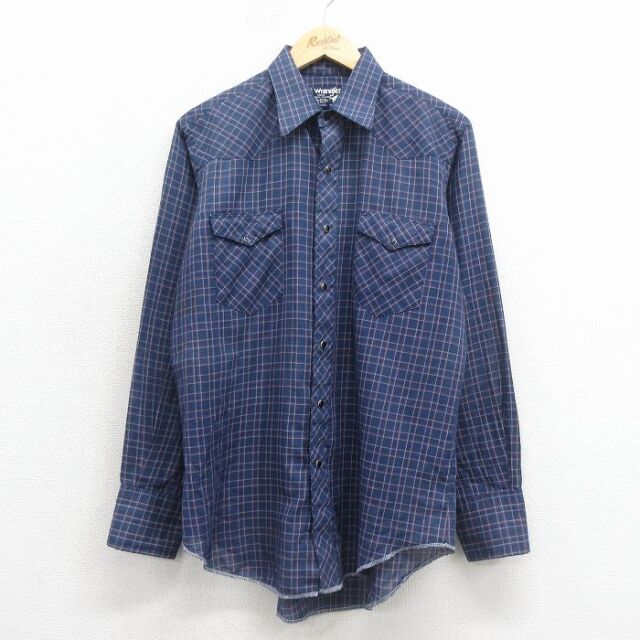 L★古着 ラングラー 長袖 ウエスタン シャツ メンズ 90年代 90s USA製 紺 チェック 26jan23