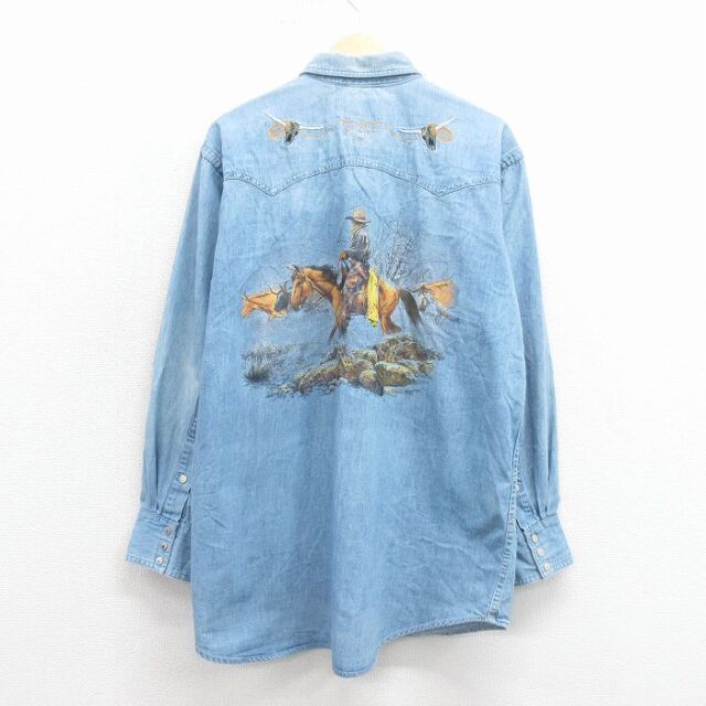 XL★古着 長袖 ウエスタン シャツ メンズ 00年代 00s カウボーイ 大きいサイズ ロング丈 薄紺 デニム【spe】 26jan24