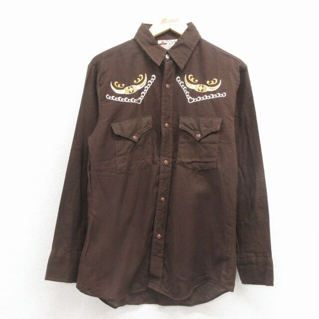 M★古着 長袖 ウエスタン シャツ メンズ 90年代 90s 刺繍 USA製 こげ茶 26jan24